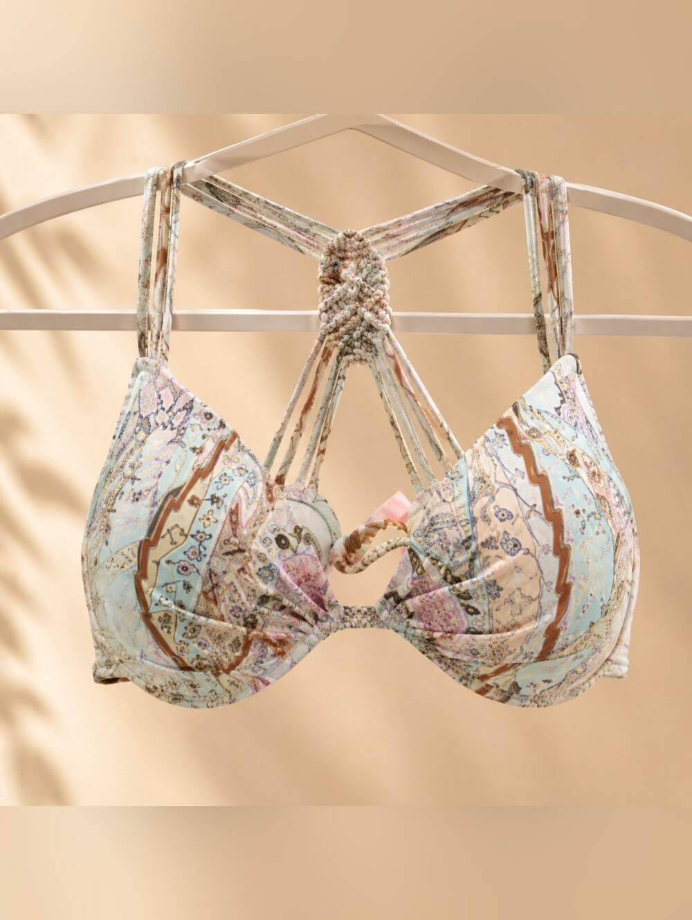 Victoria’s Secret Aqua Floral Underwire Bikini Top 34DD Boho Macrame - Picture 2 of 10